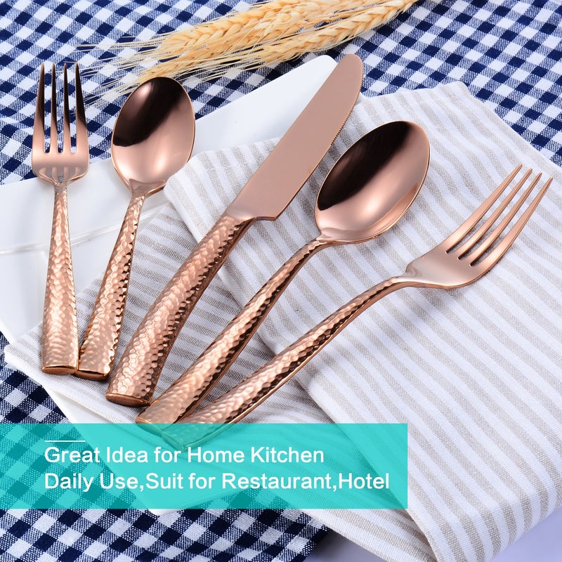 Flatasy Silverware Rose Gold Hammered Heavy Flatware Set Cutlery Set Stainless Steel Mirror Finished Utensil 20 Pieces Spoons Forks and Knives Service for 4 - Image 5